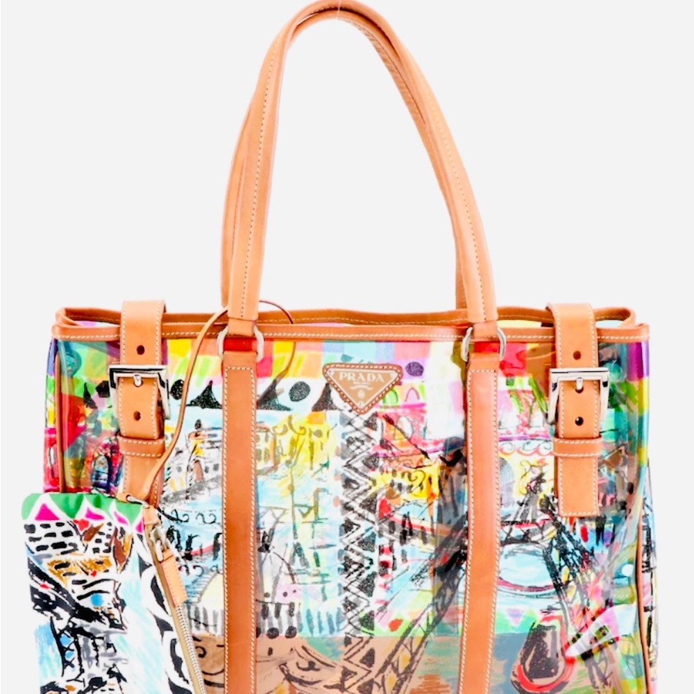 Prada Clear Decor Purse/Tote w/Leather Trim. Comes w/Pouch